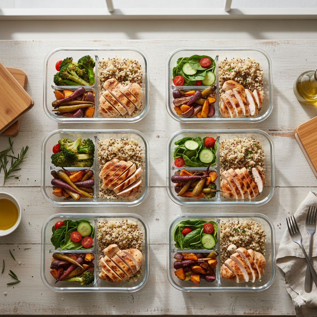 A flat lay of neatly arranged meal prep containers with grilled chicken, quinoa, roasted vegetables, and fresh salad, photographed in natural lighting.